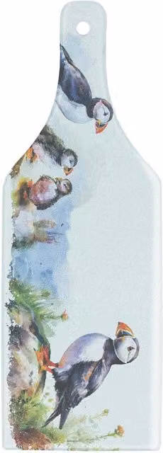 Purely Home Coastal Puffins Rectangular Glass Serving Board in Black and Multicolour