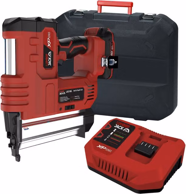 Lumberjack XP Series 20V Cordless Nail and Staple Gun Kit with Fast Charger and 2Ah Battery, Red