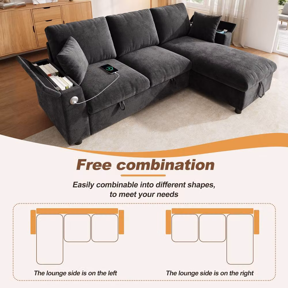 Merax Reversible L-Shape Corner Sofa Bed in Grey with Storage, USB Charging and Cup Holder – 4