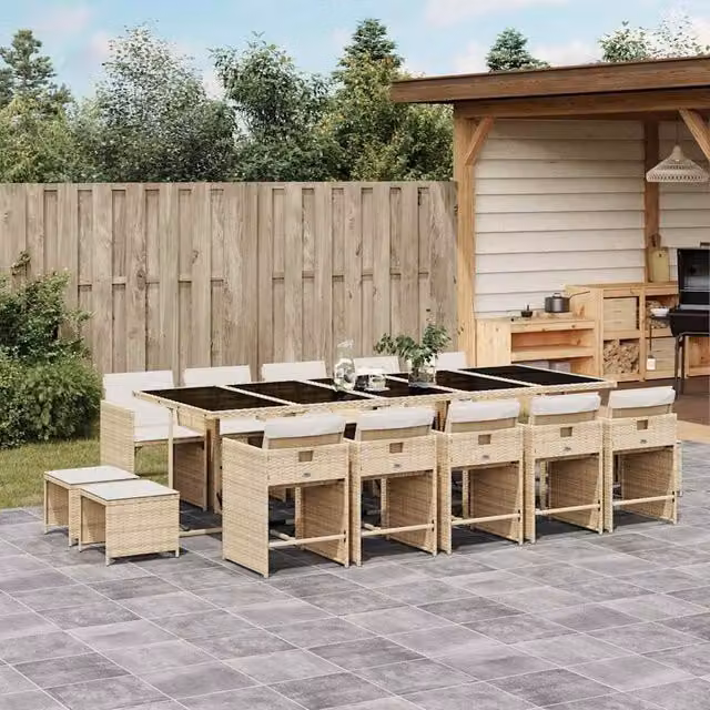 Berkfield Home 15 Piece Garden Dining Set with Beige Poly Rattan Cushions