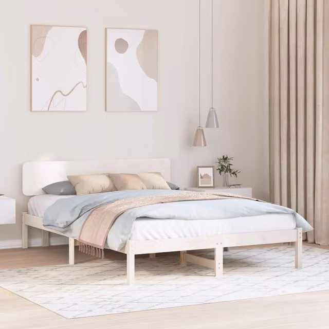 Berkfield Home White Solid Pine Wood Bed Frame with Headboard W/D/H: 160 x 200 x 74 cm