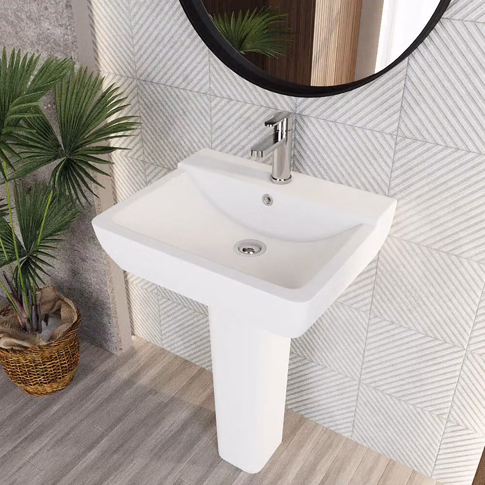 Balterley Alba Soft Square Ceramic 1 Tap Hole Basin and Full Pedestal in White, W: 55.0 cm, D: 42.0 cm, H: 85.0 cm – 3