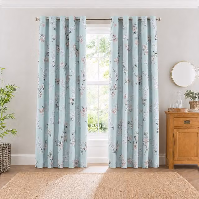 Florelle Blue Floral Printed Eyelet Curtains, Height: 228 cm