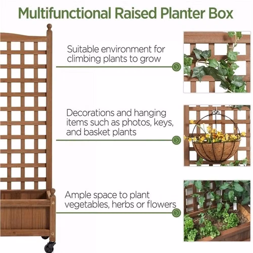 EONLION Wooden Outdoor Planter Box with Trellis in Brown and Multicolour, W/D/H: 126.5 x 64.0 x 28.5 cm – 3