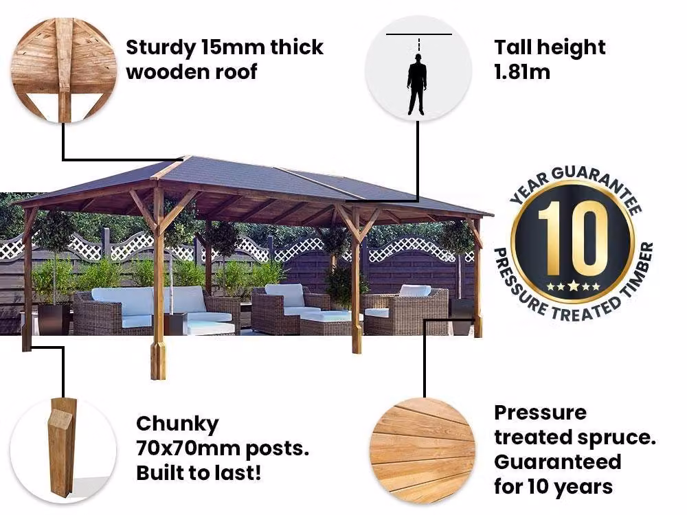 Dunster House Wooden Gazebo Kit with Louvre Wall and Bitumen Shingles in Brown, W: 600 cm, D: 300 cm – 3