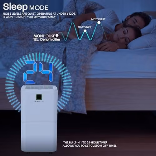 MONHOUSE 12L/Day Digital Dehumidifier in White with Sleep Mode and 24HR Timer – 5