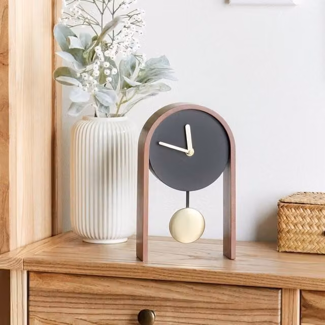 Wyld and Coco Luxe Modern Analog Table Clock in Black and Gold with Pendulum – 1