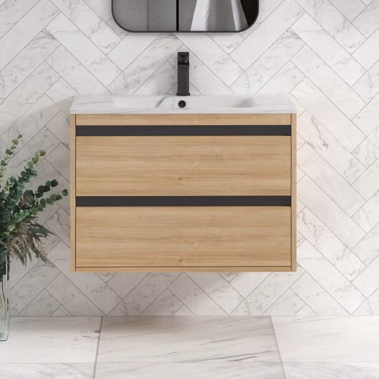Royal Bathrooms Orion 800mm Wall Hung 2 Drawer Vanity Unit in Natural Oak with Carrara White Basin and Black Accent Trim