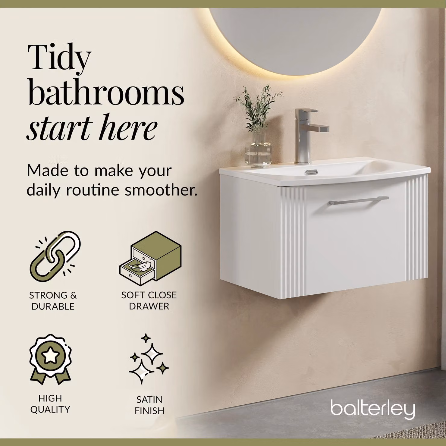 Balterley Wall Hung 1 Drawer Vanity Unit with Curved Basin, Satin White, Width: 60 cm – 2