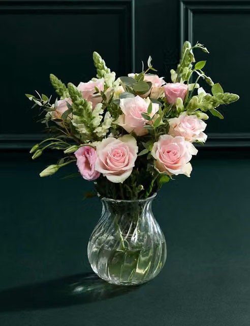M&S Flower Market Sending Love Bouquet with Pink and White Flowers and Glass Vase