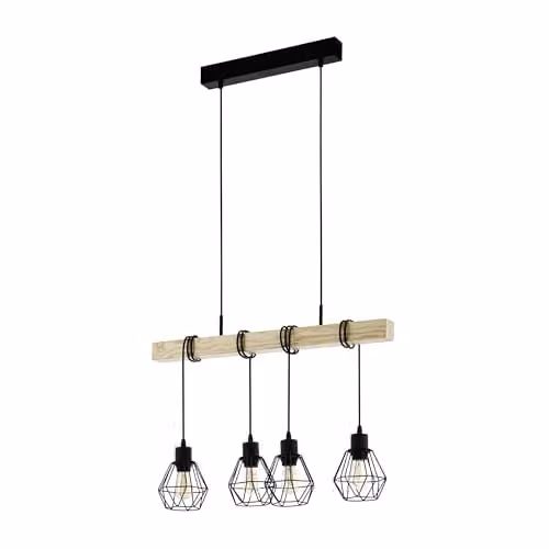 Eglo Townshend 5 Industrial Style 4-Light Geometric Pendant Light in Black and Wood – 1