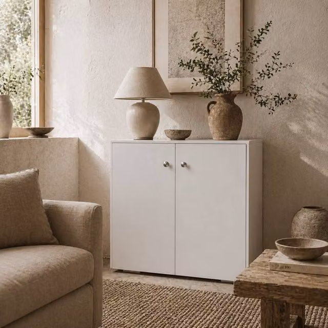Wyld Haus Cosofi White Freestanding Storage Cabinet with 2 Hinged Doors and 2 Internal Shelves, W/D/H: 70 x 39 x 70 cm