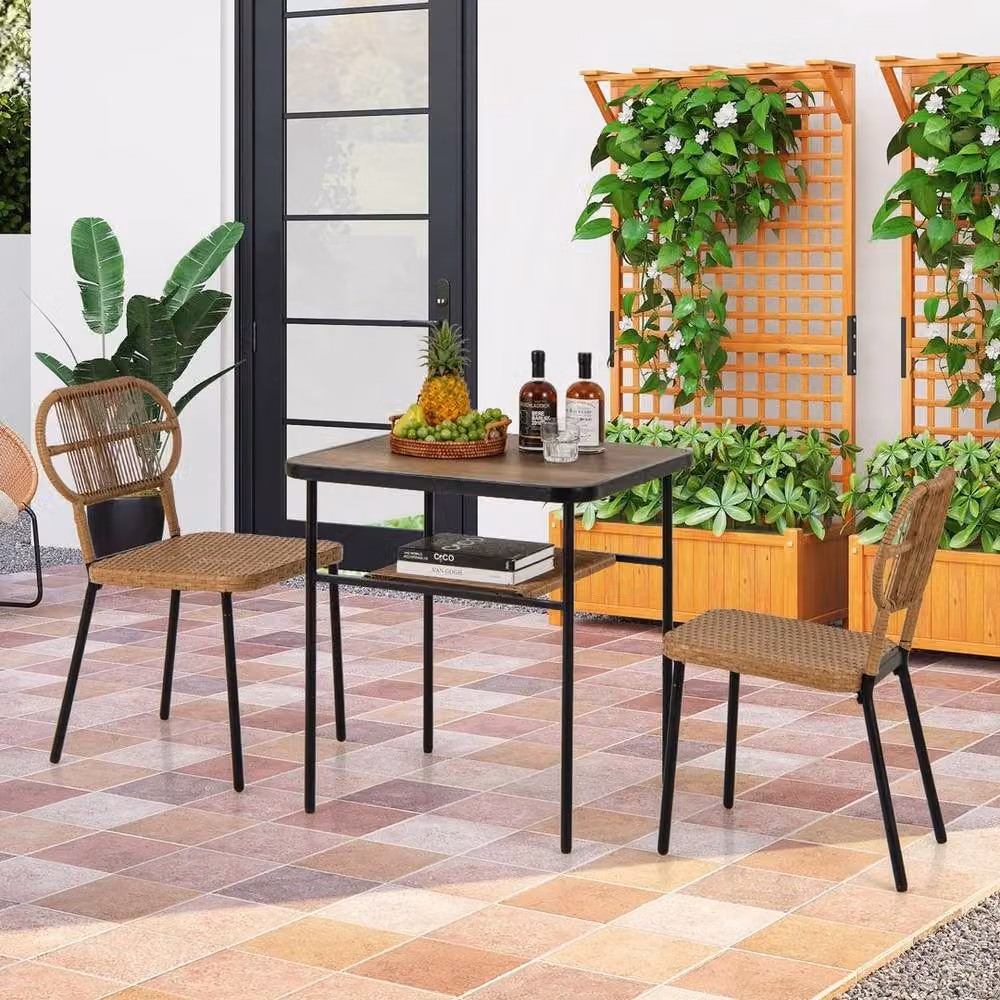KORVIXA 3 Piece Brown Polyrattan Wicker Breakfast Set with Square Drop Leaf Table – 4