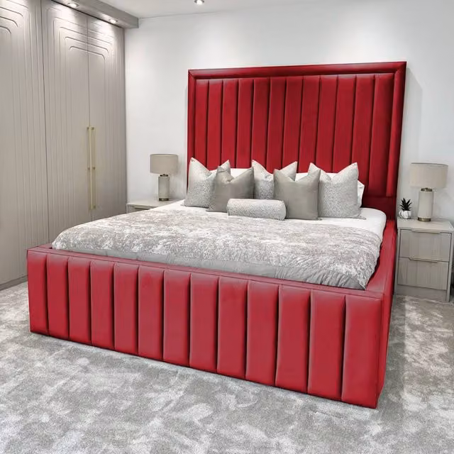 Living Comfort Bedz Hampton Upholstered Slatted Base Bed with 54-Inch Panel Headboard in Red Velvet, Size: 120 x 200 cm – 1
