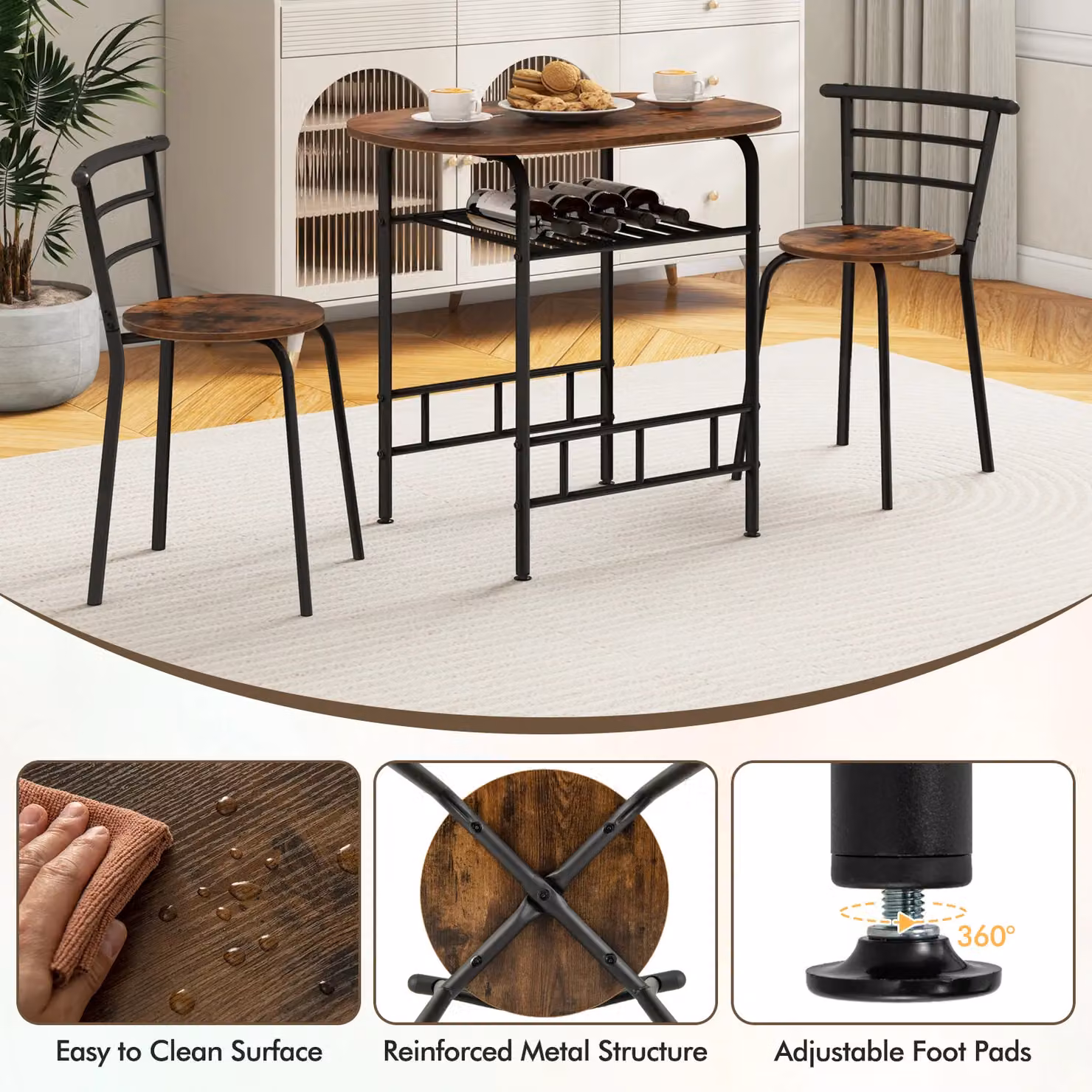 Gymax 3 Piece Brown Wood Grain Dining Table and Chairs Set with Oval MDF Laminate Table and Metal Legs – 5