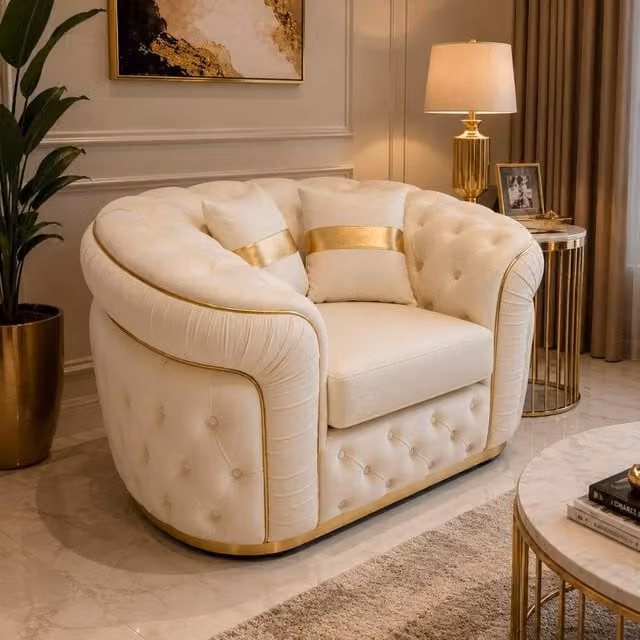 Stratus Interiors Ambassador Chesterfield Sofa in Cream Plush Velvet with Gold Trim – 1