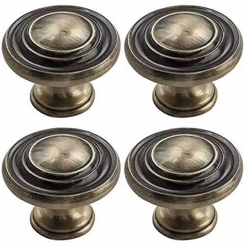 Loops 4 Pack Round Ringed Pattern Door Knobs in Antique Burnished Brass, Diameter: 32 mm