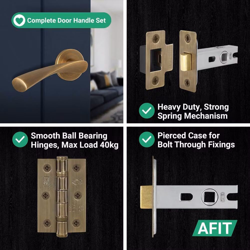 AFIT Antique Brass Door Handle Rose, Latch and Hinges Kit in Bronze, 5 Pairs, W: 15 cm x H: 15 cm – 5