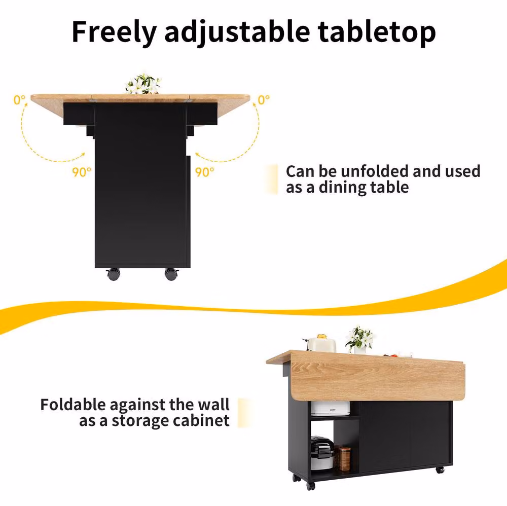 STILVORA Modern Black Kitchen Island with Folding Sides and Storage, W/D/H: 120.0 x 30.0 x 79.5 cm – 6