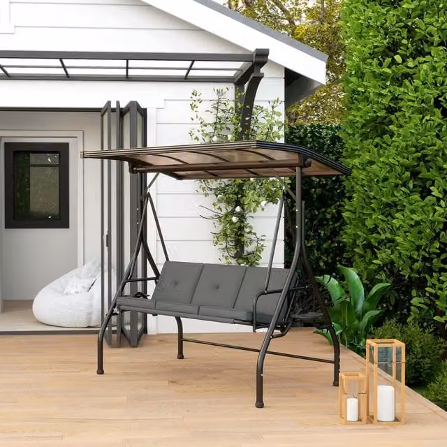 Outsunny 3 Seater Modern Garden Swing Seat Bed with Sun Canopy and Cup Holders, Dark Grey