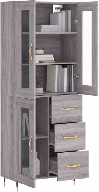 Berkfield Home Grey Sonoma Highboard with Glass Doors and Internal Shelves, W/D/H: 69.5 x 34 x 180 cm – 1