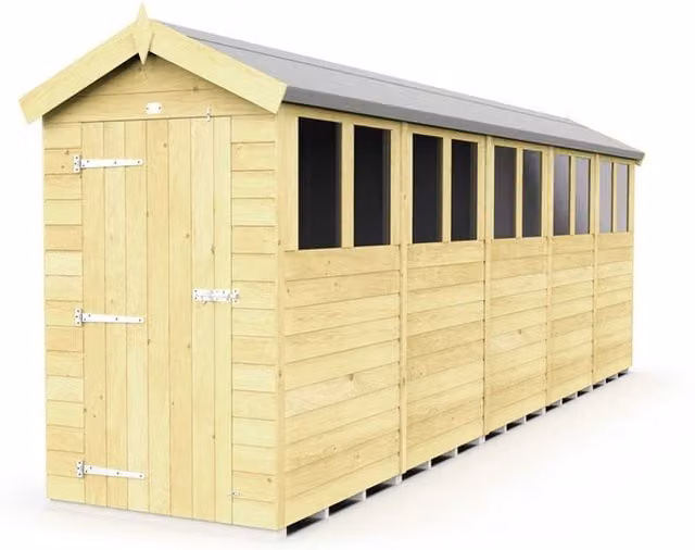 Buttercup Farm Brown Apex Wooden Garden Shed with Single Door and Windows, W: 118 cm, H: 217 cm, L: 592 cm