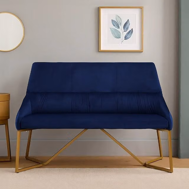 Fifty Five South Orsina Mid-Century Velvet Bench in Blue with Gold Metal Legs, W: 140 cm, H: 45 cm, D: 37 cm – 1