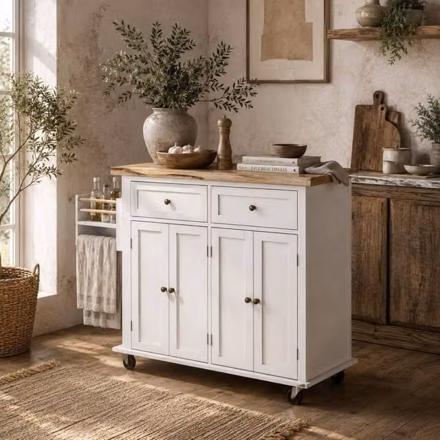 Wyld Haus Viratto White Lacquered Wooden Rolling Kitchen Island with Rubberwood Top, W/D/H: 111.0 x 44.5 x 82.5 cm – 1
