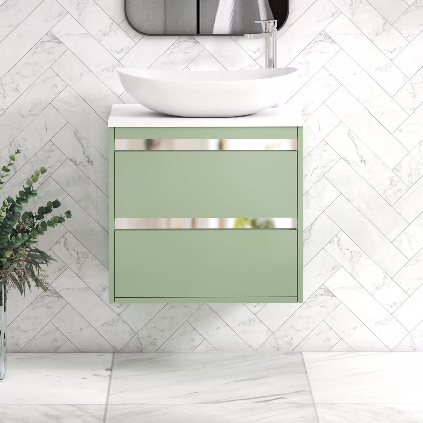 Royal Bathrooms Orion 600mm Wall Hung Mint Sage Vanity Unit with Cesar Basin and 2 Drawers and Chrome Accent Trim