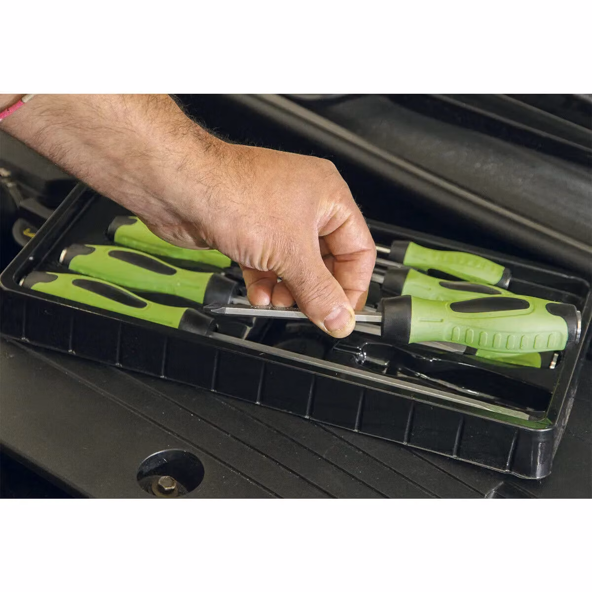 Loops 8 Pack Hi-Vis Green Hammer Through Screwdriver Set with Hammer Strike Chisel Cap – 2