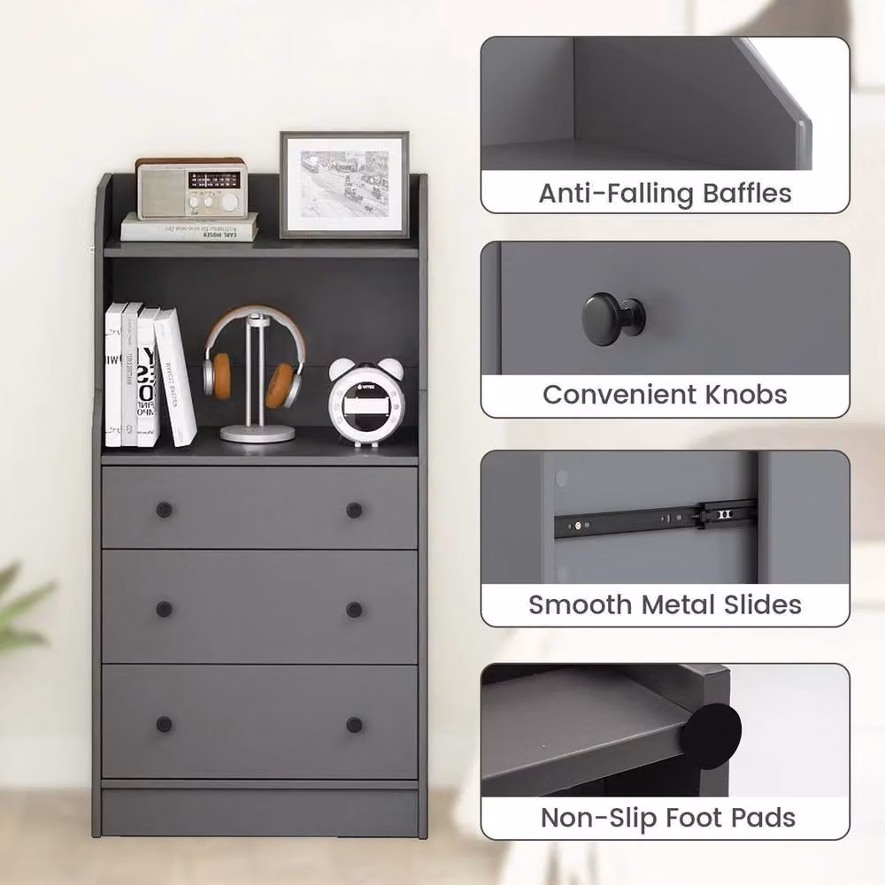 KORVIXA 3-Drawer Storage Organizer Dresser with Shelves in Grey, Width: 100 cm – 3