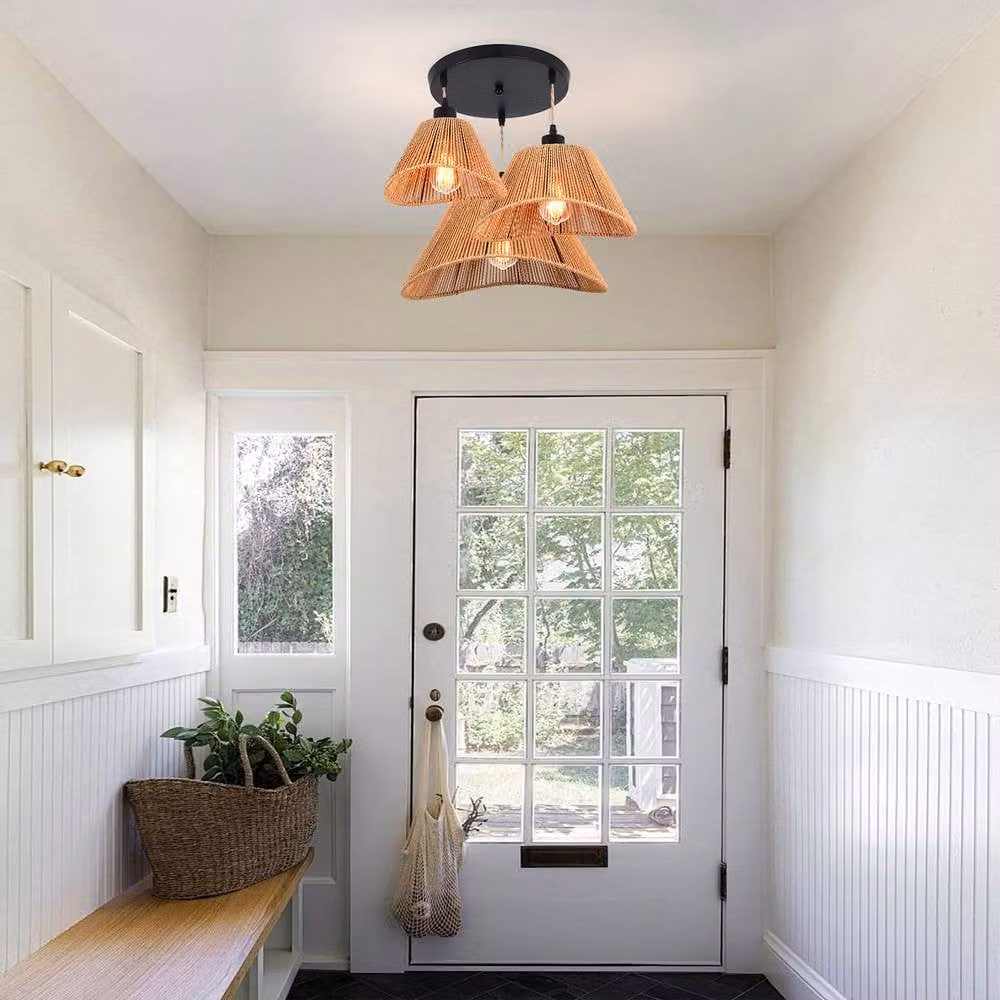 NIVOR Industrial 3 Light Rattan Farmhouse Boho Cluster Adjustable Pendant Light in Brown – 6