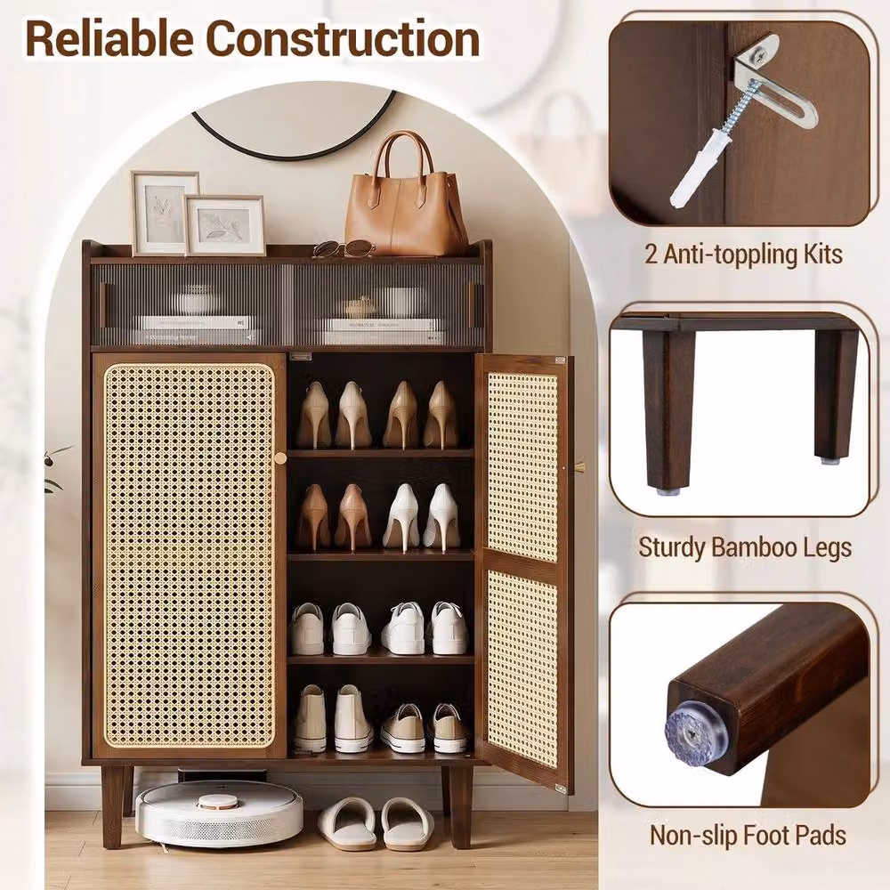 SPETLEK Wooden Shoe Storage Cabinet in Brown Walnut with Rattan Sliding Doors and Internal Shelves – 6