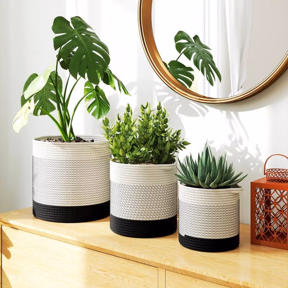 KORVIXA Handwoven Cotton Plant Pot Set in White – 4