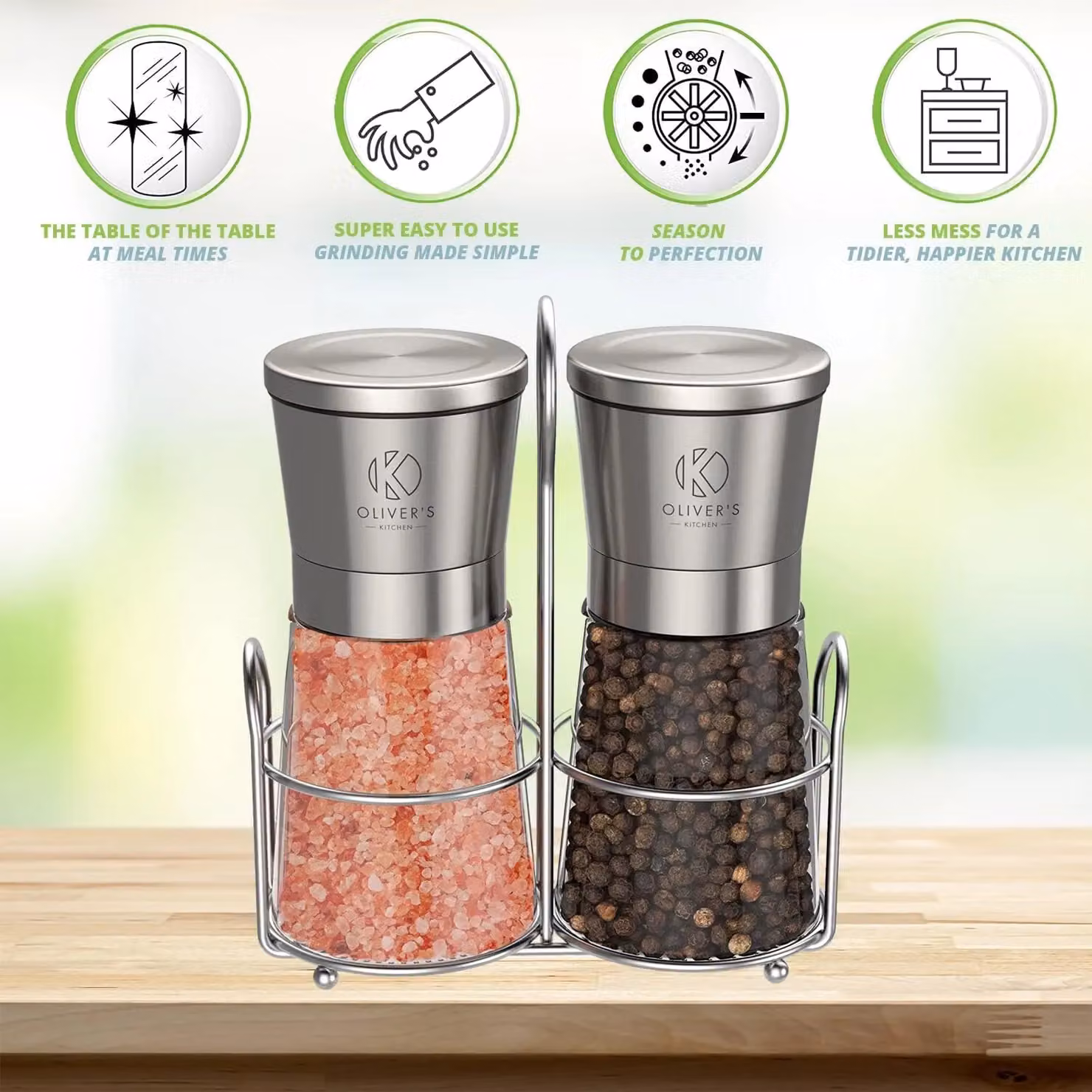 Oliver's Kitchen Salt and Pepper Grinder Set with Ceramic Mechanisms and Rotating Stand in Silver – 5