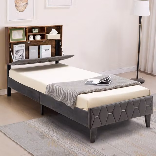 Costway Single Upholstered Velvet Platform Bed Frame with Storage Headboard and Side Compartments in Grey – 1