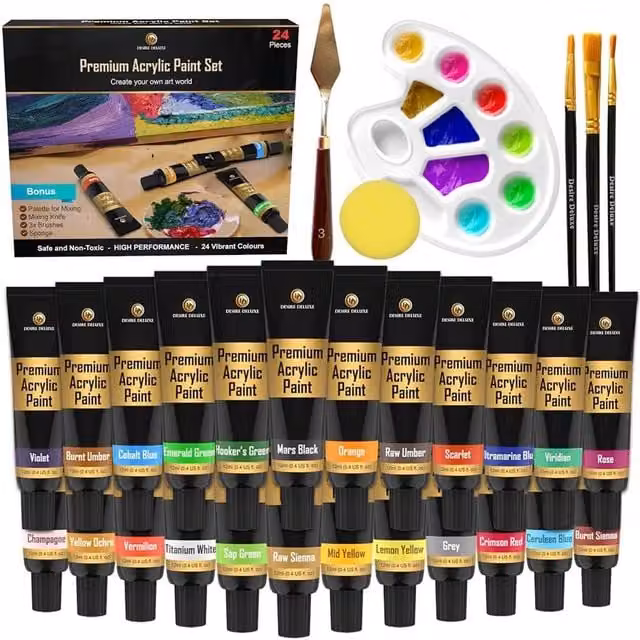 Desire Deluxe 30-Piece Multicolour Acrylic Paint Set with Brushes, Palette, Mixing Knife and Sponge for Canvas, Wood and Ceramic