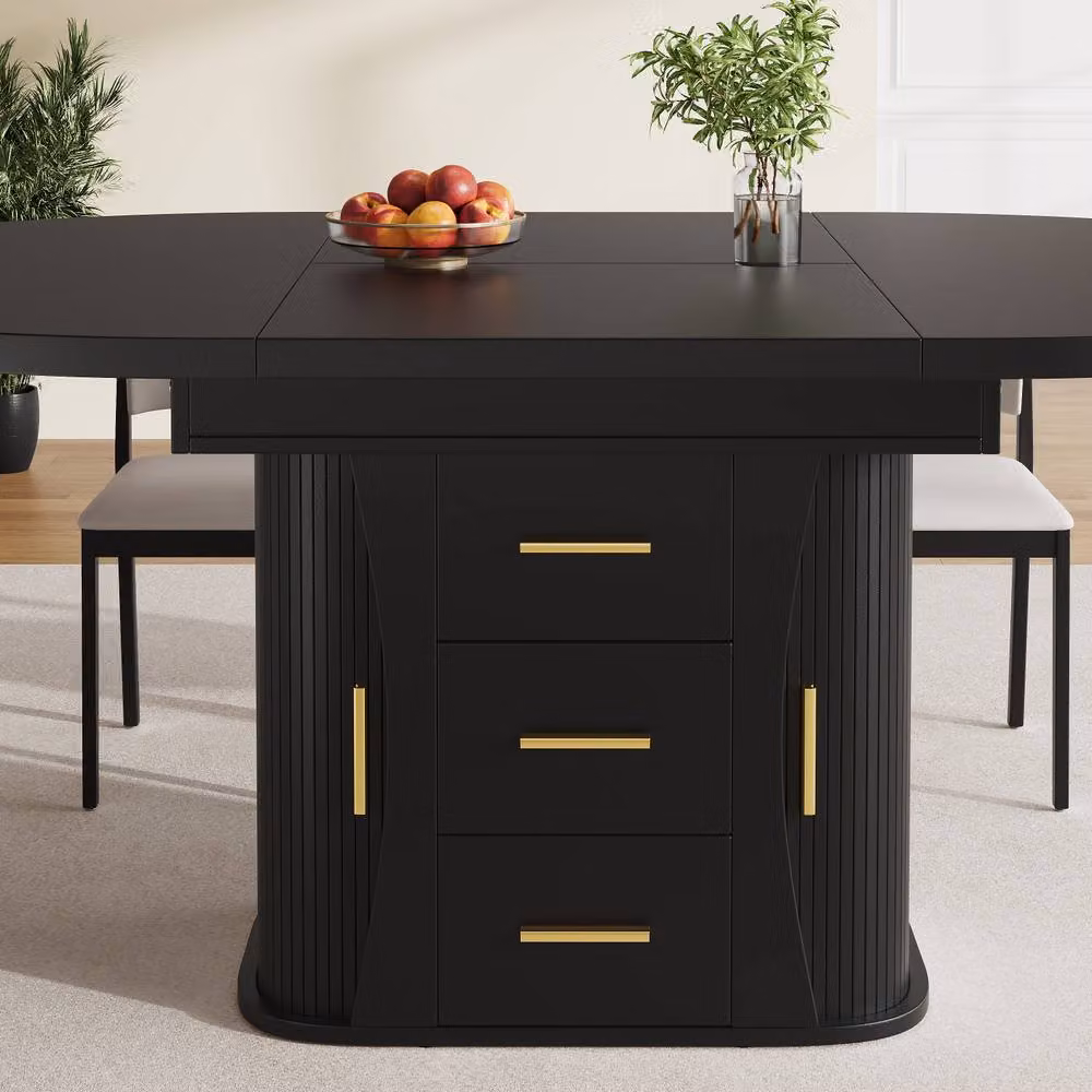 BTM Extendable Round Dining Table in Black with Lift Mechanism and 3-Tier Storage, W/D/H: 118 x 118 x 77 cm (Extends to 158 cm) – 5