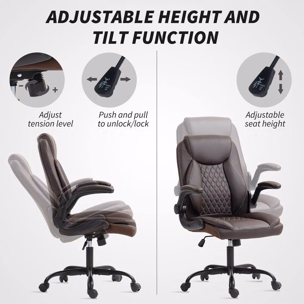 ERGOVEXA Brown Faux Leather Office Chair with Flip-Up Armrests and Headrest – 6