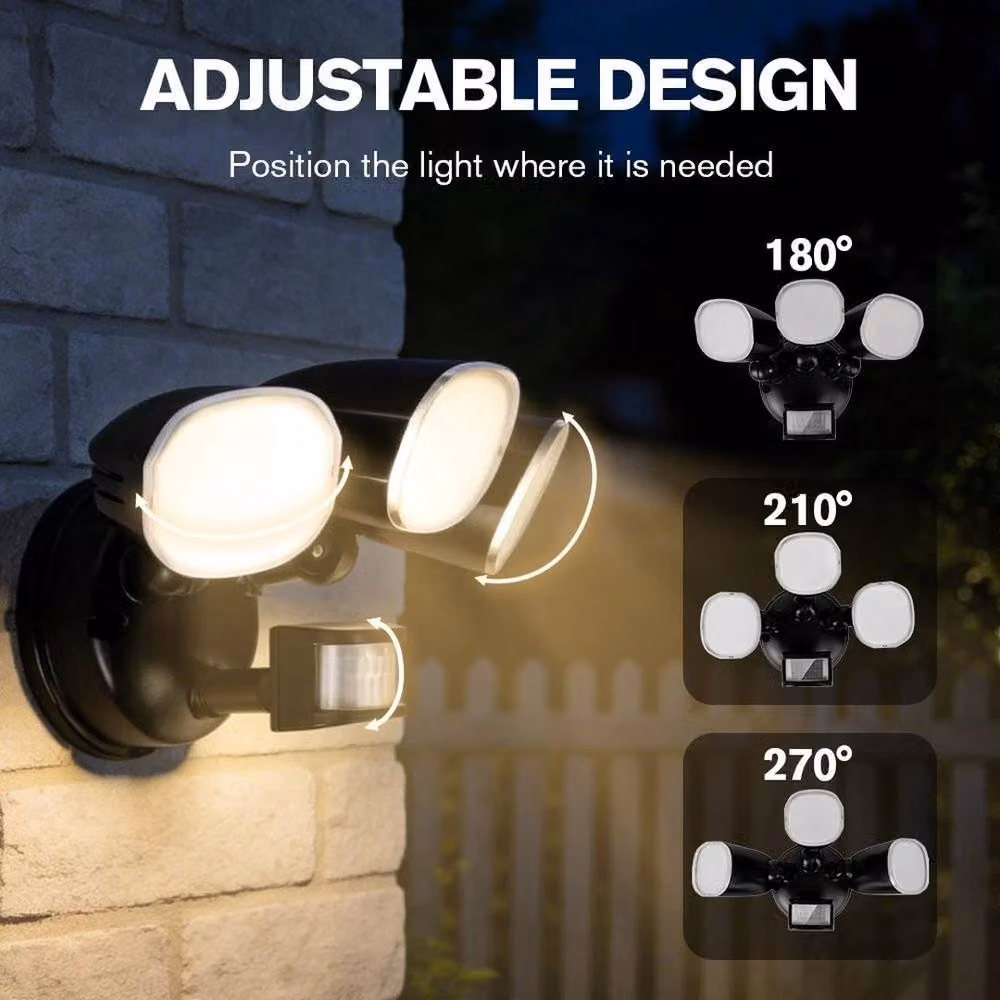 NESTLUNE 3-Head LED PIR Motion Sensor Outdoor Floodlight in Black – 3