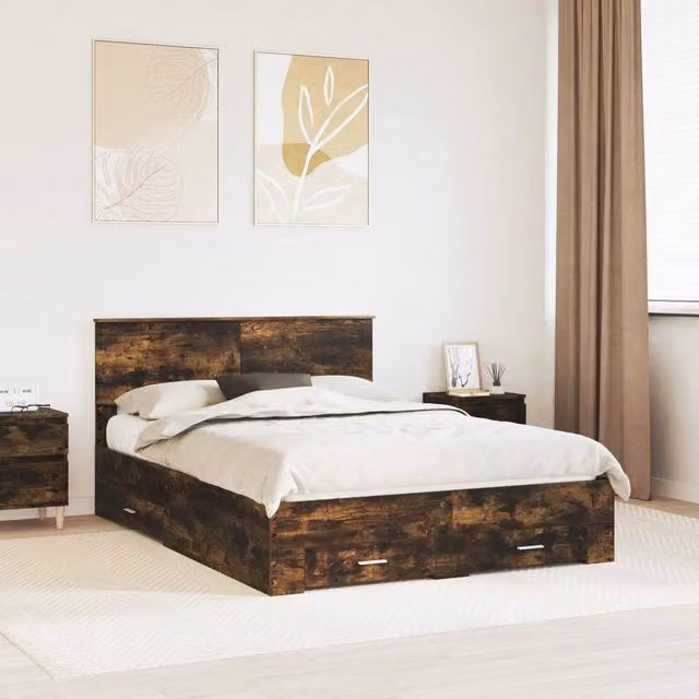 Berkfield Home Modern Bed Frame with Drawers in Smoked Oak Brown, W/D/H: 140 x 190 cm – 1