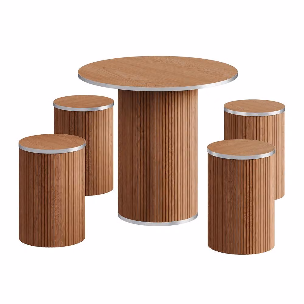 Dprodo Modern Round Dining Table and 4 Chairs Set in Brown Walnut Finish, Diameter: 80 cm – 2