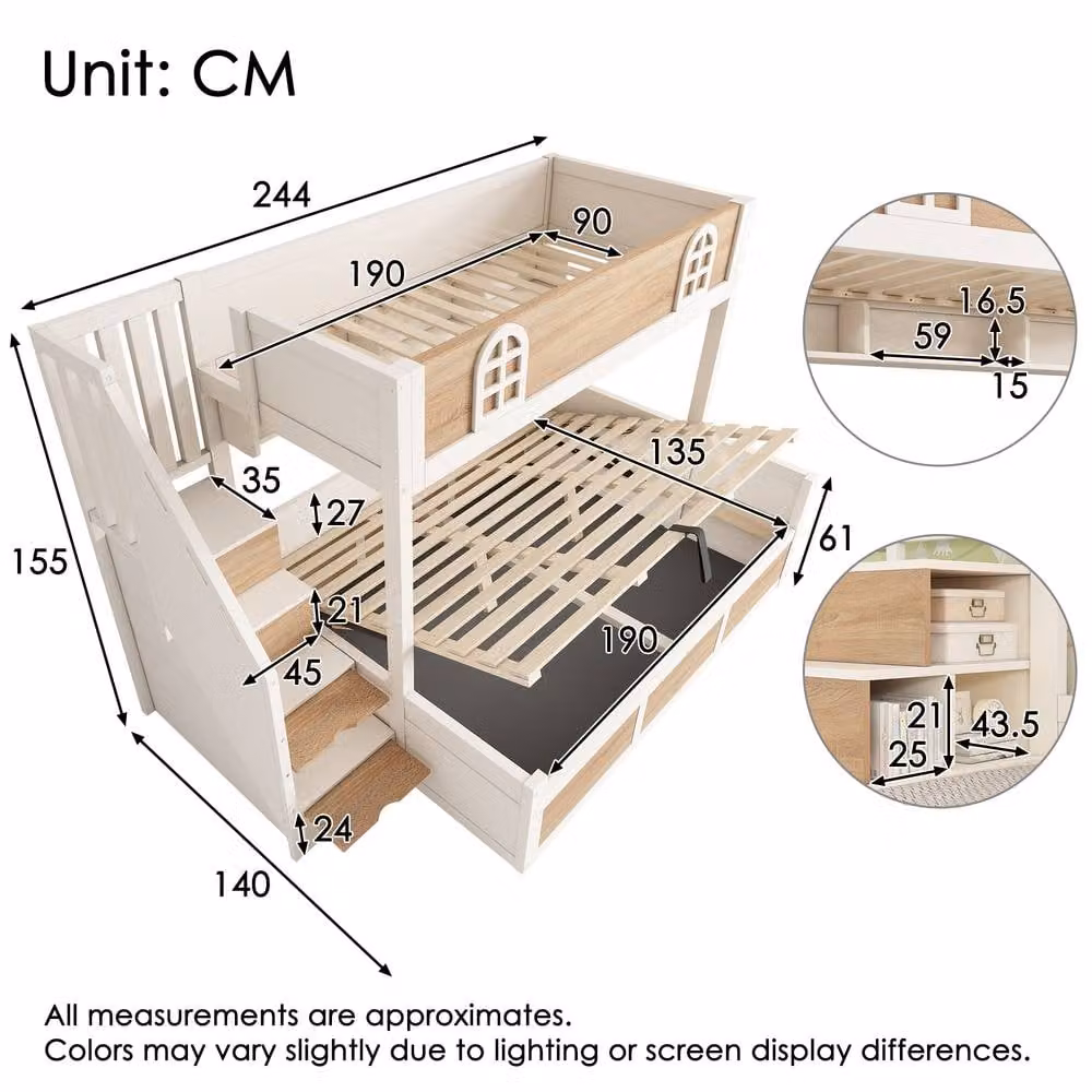 Merax Single over Double Kids Bunk Bed with Hydraulic Storage and Staircase in White and Beige – 2