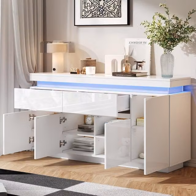 Aosom UK High-Gloss Freestanding Sideboard with App-Controlled LED Lighting and Adjustable Shelves, White, W: 140 cm, D: 35 cm, H: 72.5 cm