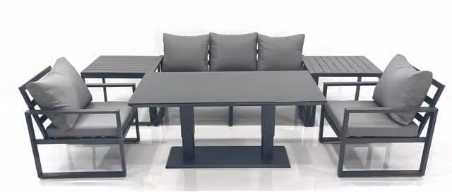 Fimous 5-Seater Outdoor Aluminium Garden Furniture Set with Adjustable Rising Glass Table in Dark Grey