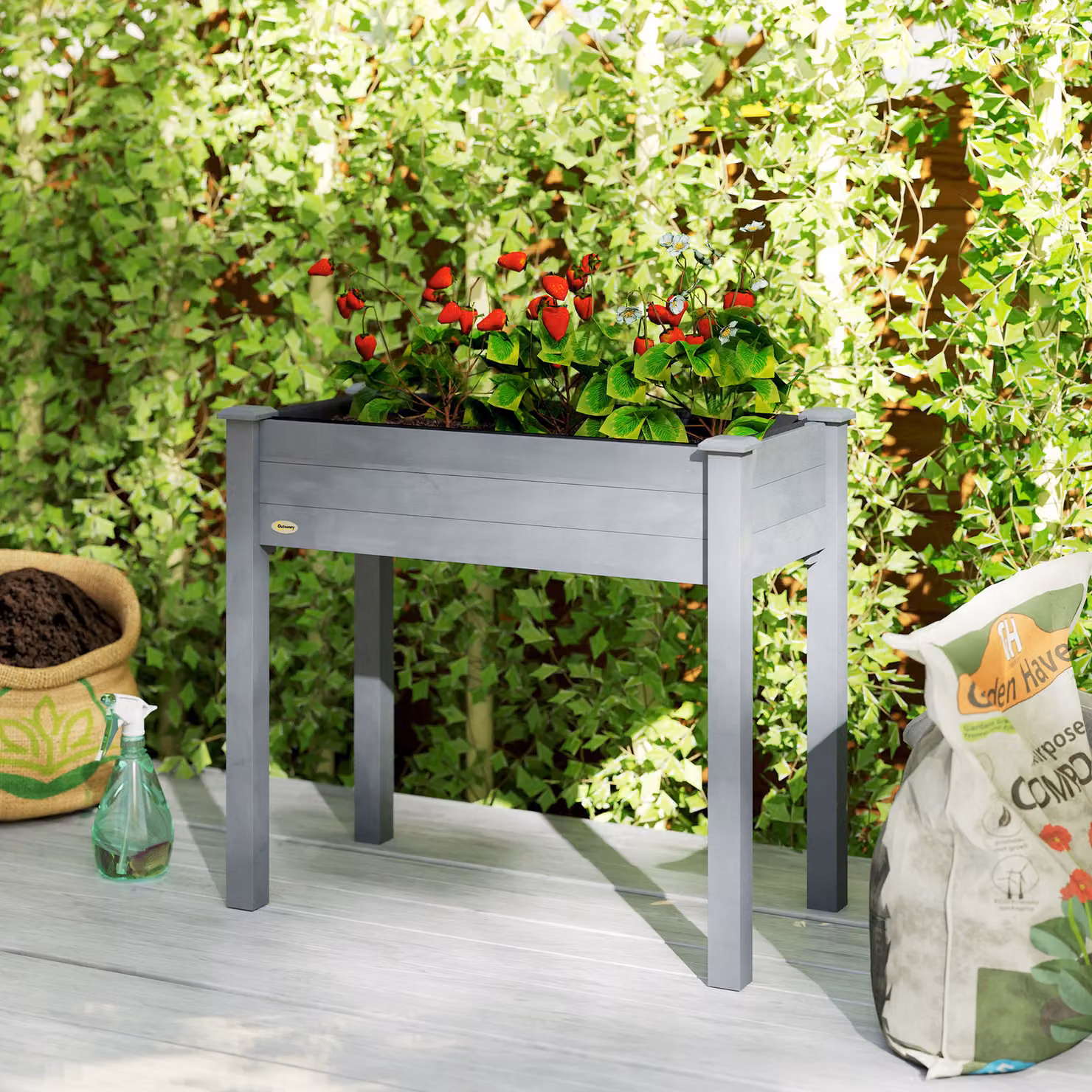 Outsunny Wooden Raised Bed Elevated Planter Box with Liner in Dark Grey – 2
