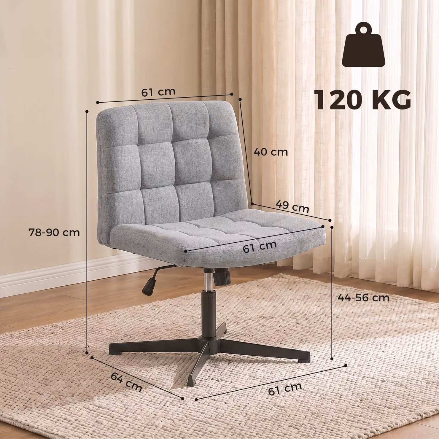 HOMCOM Armless Grey Linen Office Chair with Rocking Function and 360 Degree Swivel, W/D/H: 120 x 61 x 50 cm – 3