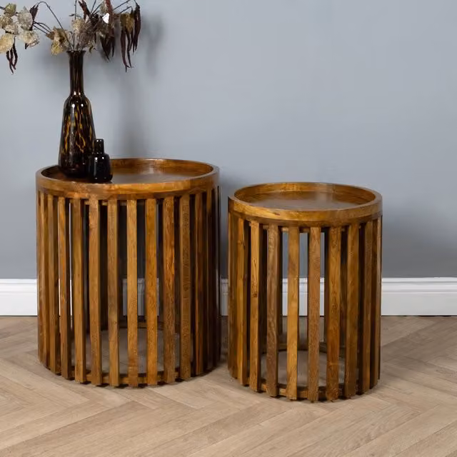 Elm Home And Garden Set of 2 Round Solid Mango Wood Lamp Tables in Brown