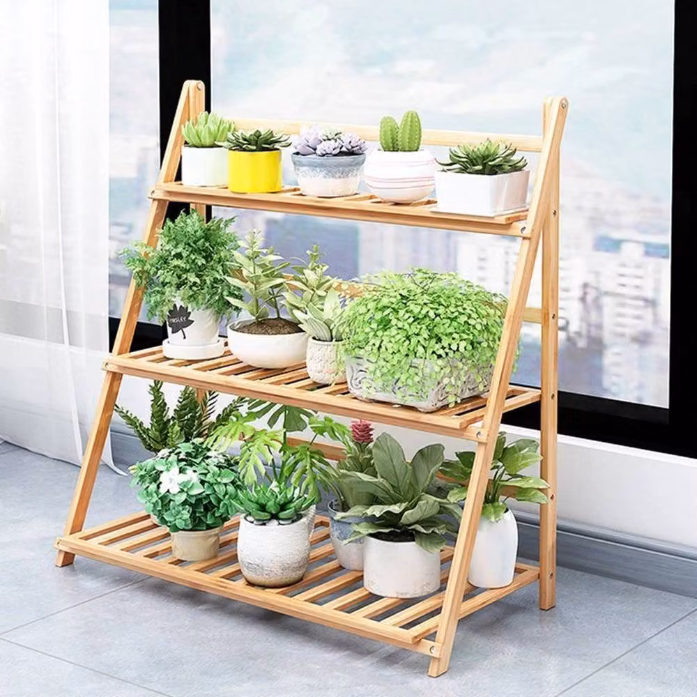 KORVIXA 4 Layer Bamboo T-shaped Folding Ladder Rack in Natural Wood – 2