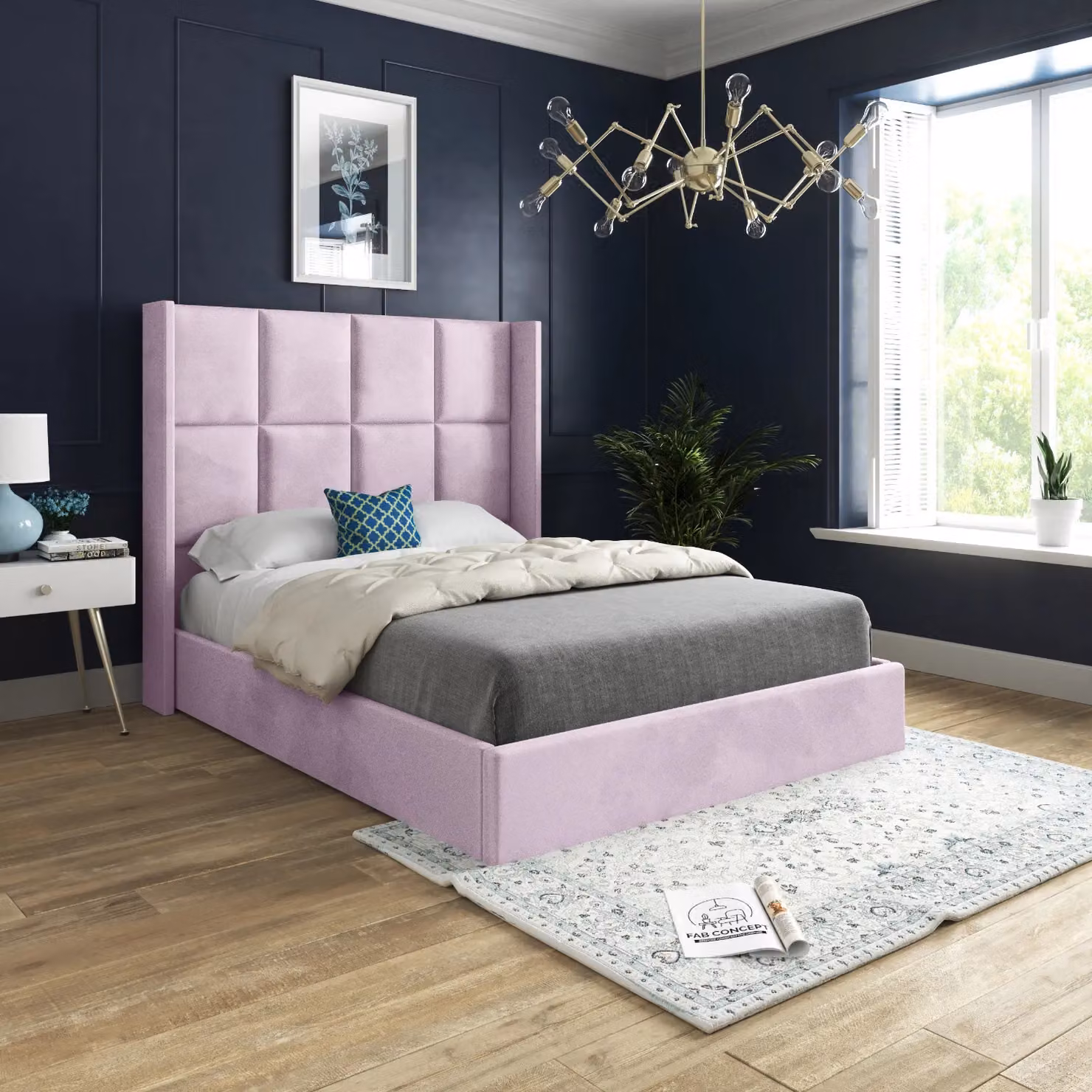 Casani Modern Upholstered Velvet Bed Frame in Pink, W/D/H: 140 x 200 cm – 2
